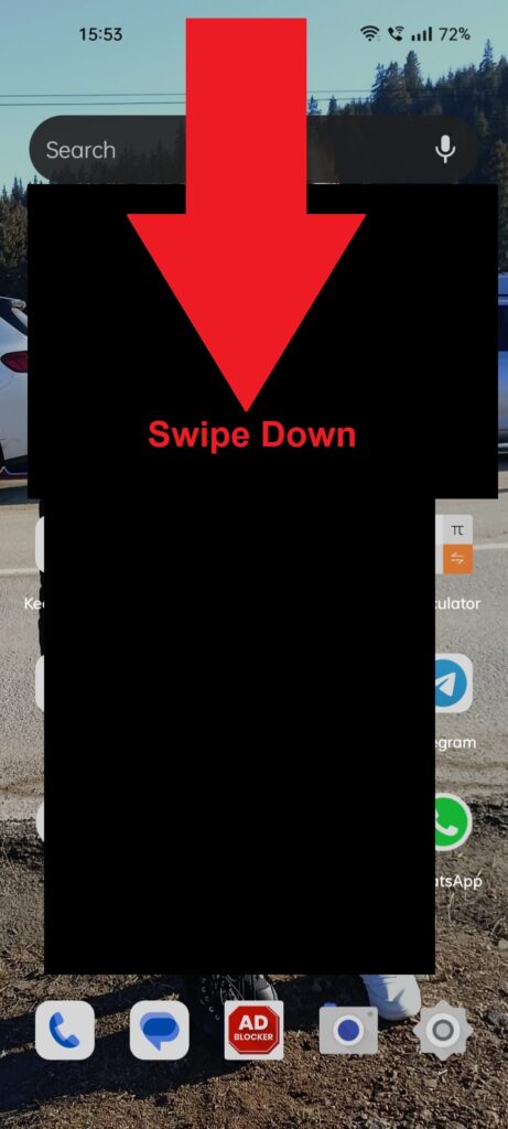 Android phone home screen showing the "Swipe Down" message and a red arrow pointing down from the top of the screen