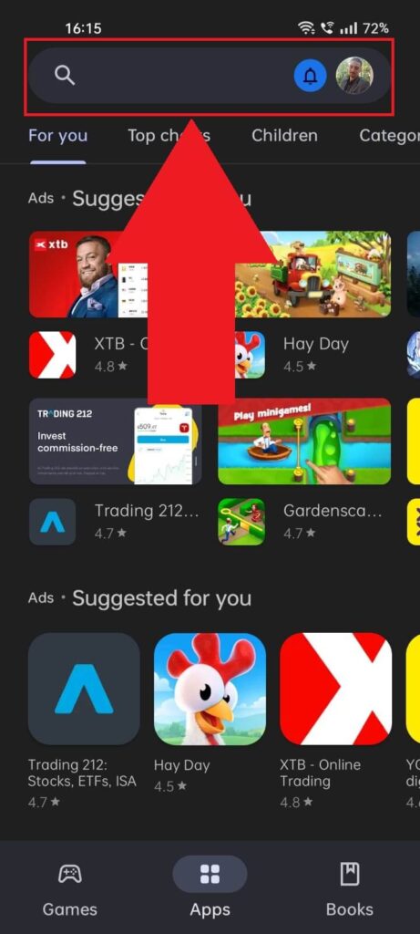 Play Store page showing the search bar at the top highlighted in red