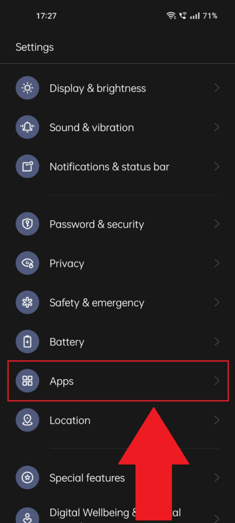Android phone settings where the "Apps" option is highlighted in red