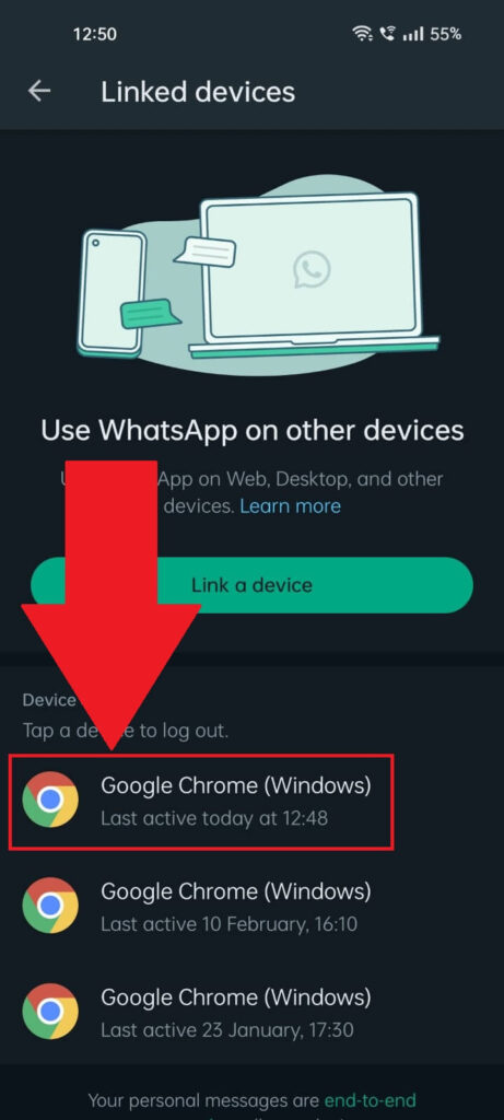 WhatsApp "Linked Devices" page showing one of the devices used to access WhatsApp being highlighted in red