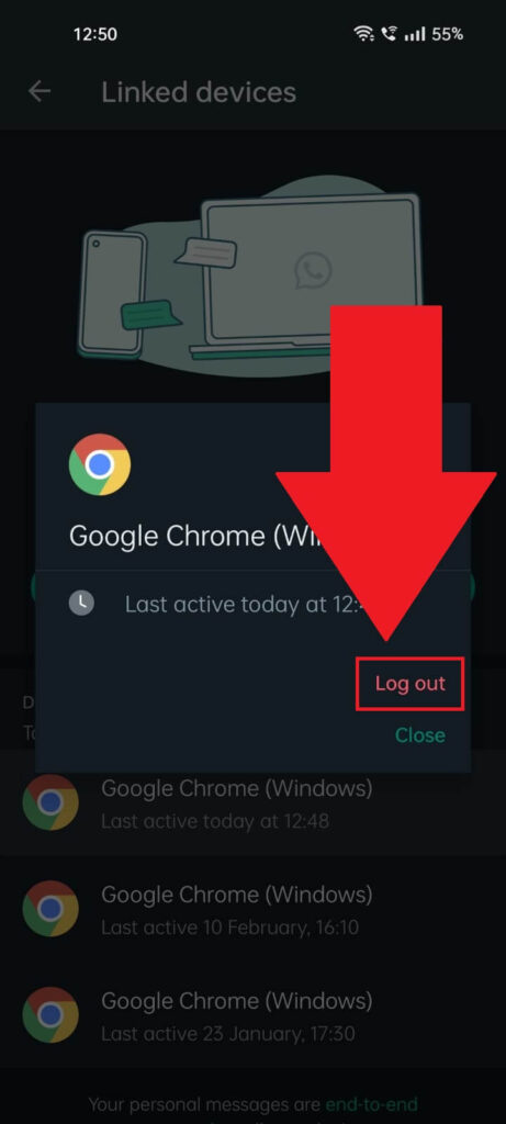 WhatsApp confirmation window where the "Log out" option is highlighted and has a red arrow pointing to it