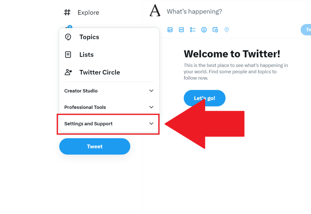 Twitter menu showing the "Settings and Support" option highlighted and a red arrow pointing to it