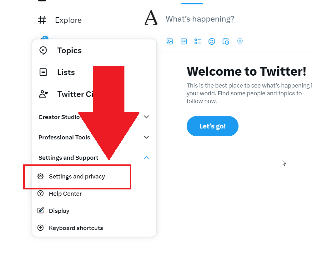 Twitter menu showing the "Settings and Privacy" option highlighted in red and a red arrow pointing to it