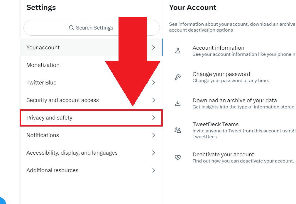 Twitter settings where the "Privacy and safety" option is highlighted in red