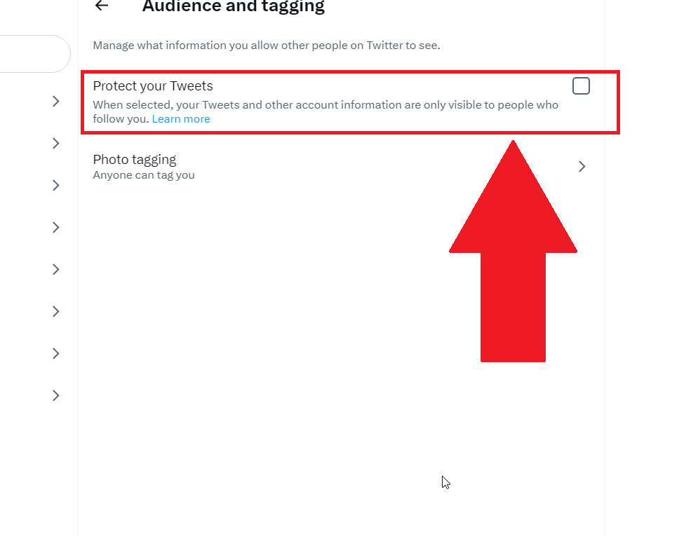 Twitter settings page where the "Protect your Tweets" option is highlighted and there's a red arrow pointing to it