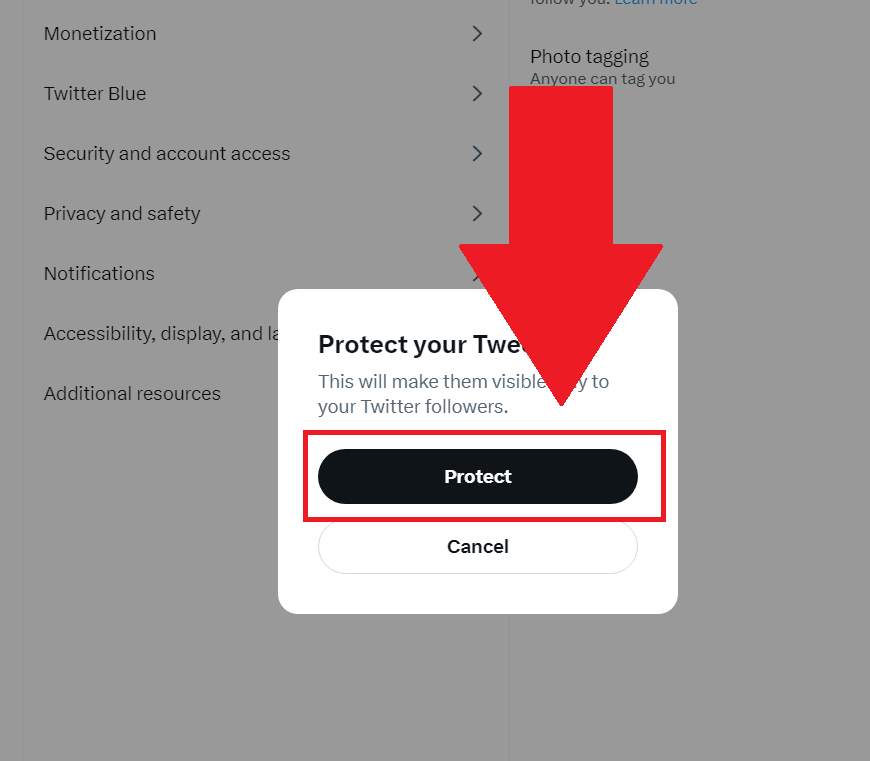 Twitter confirmation window showing the "Protect" option highlighted in red