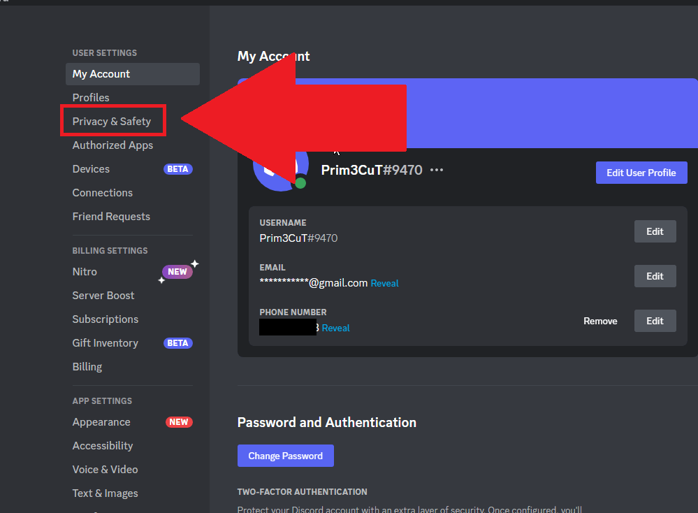 Discord settings page where the "Privacy & Safety" option is highlighted in red