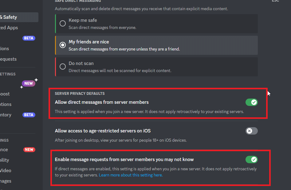 Discord settings page showing the "Allow direct messages from server members" and "Enable messages requests from server members you may not know" options highlighted