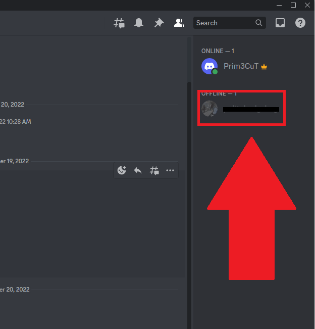 Discord server member list showing a person highlighted in red