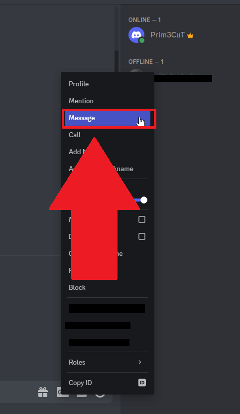 Discord server member list showing the "Message" option inside the pop-up menu of a server member