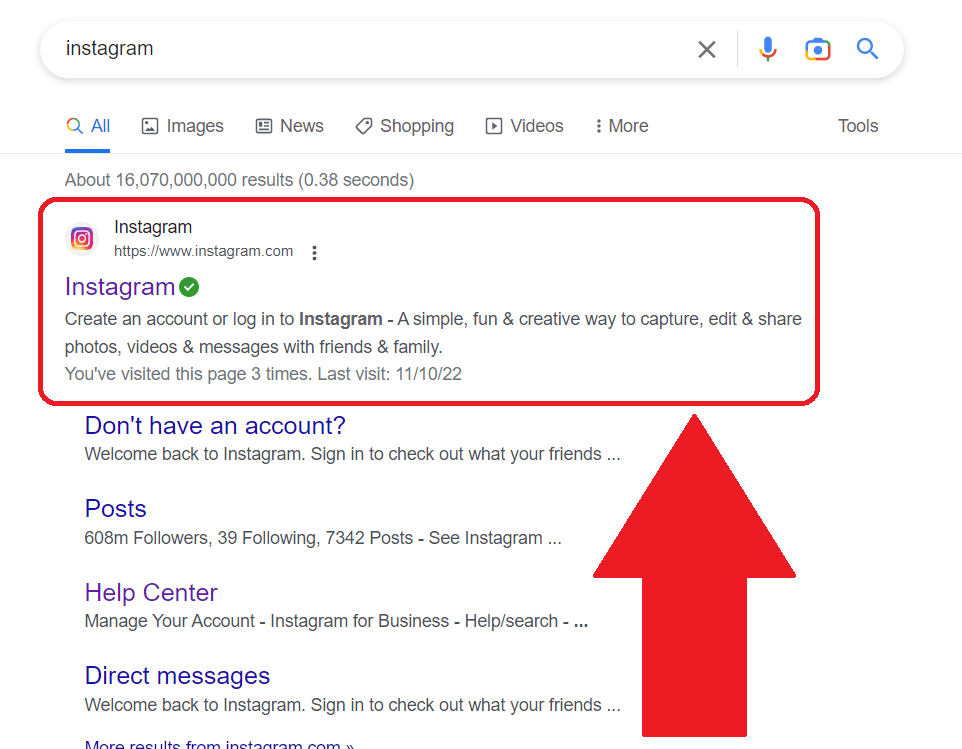 Google search results showing the "Instagram" official website highlighted with a red arrow pointed to it
