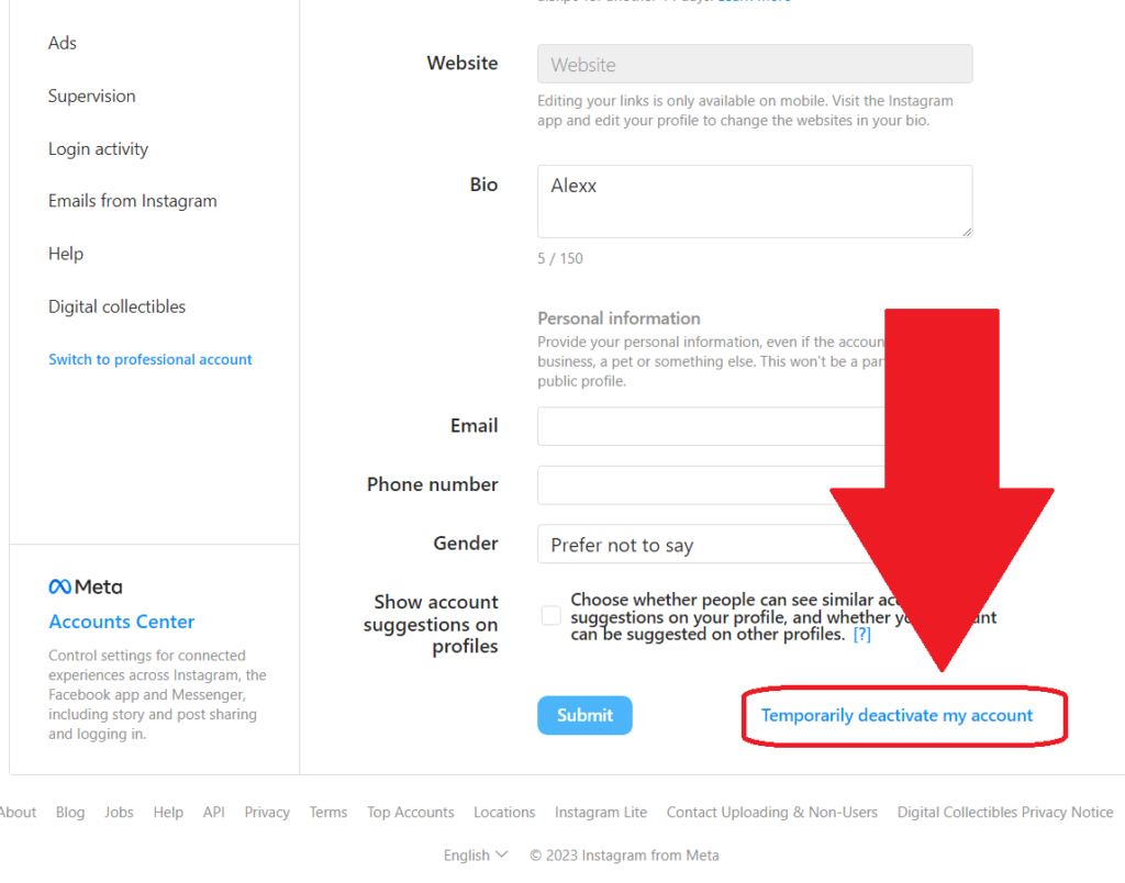 Instagram profile settings where the "Temporarily deactivate my account" option in the bottom-right corner is highlighted and a red arrow is pointing to it