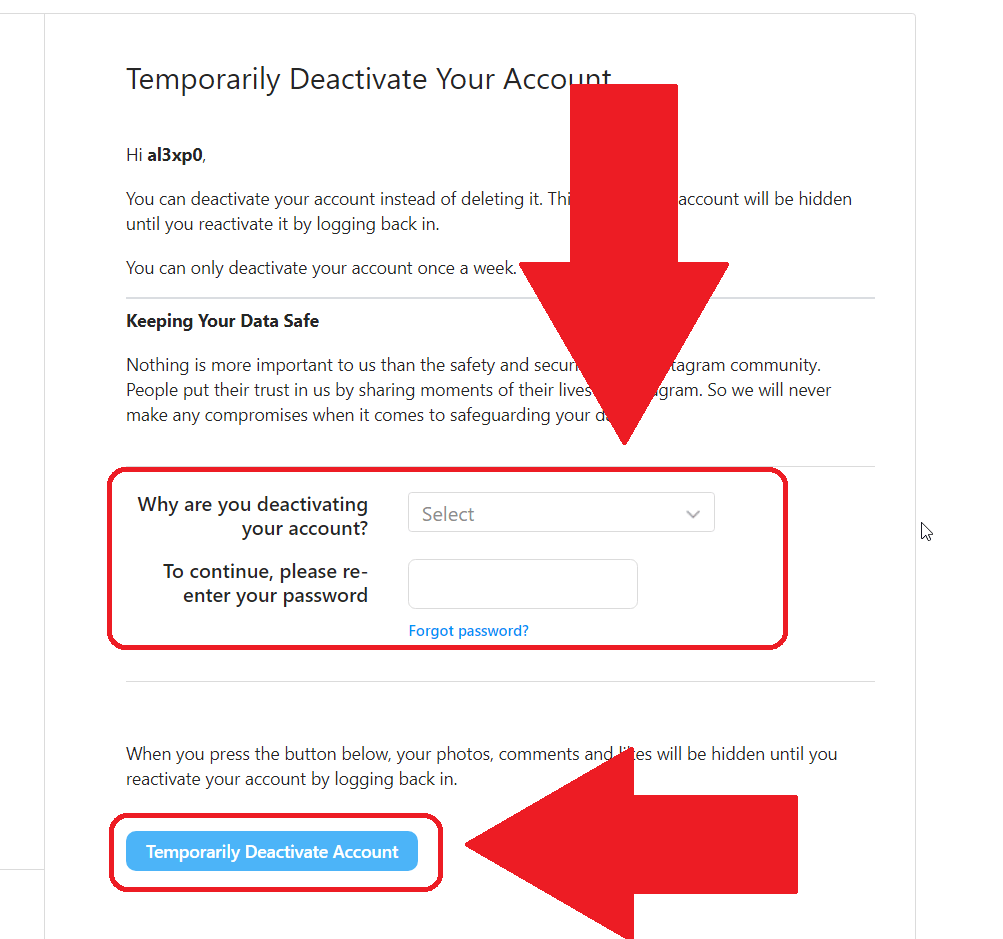 Instagram "Temporarily deactivate your account" page where the text fields related to your password and reason for disabling the account are highlighted. The "Temporarily deactivate account" button is also highlighted