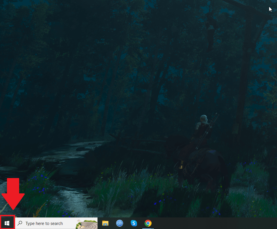 Windows 10 desktop showing the Windows button highlighted in red