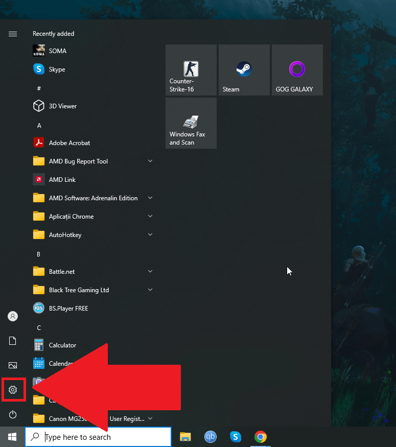 Windows 10 taskbar menu showing the "Settings" (gear) icon highlighted