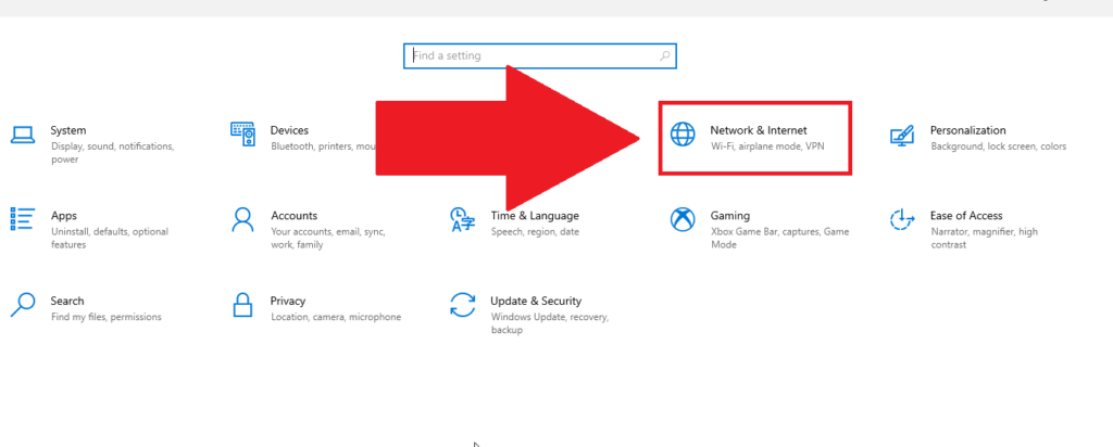 Windows 10 settings where the "Network & Internet" option is highlighted in red