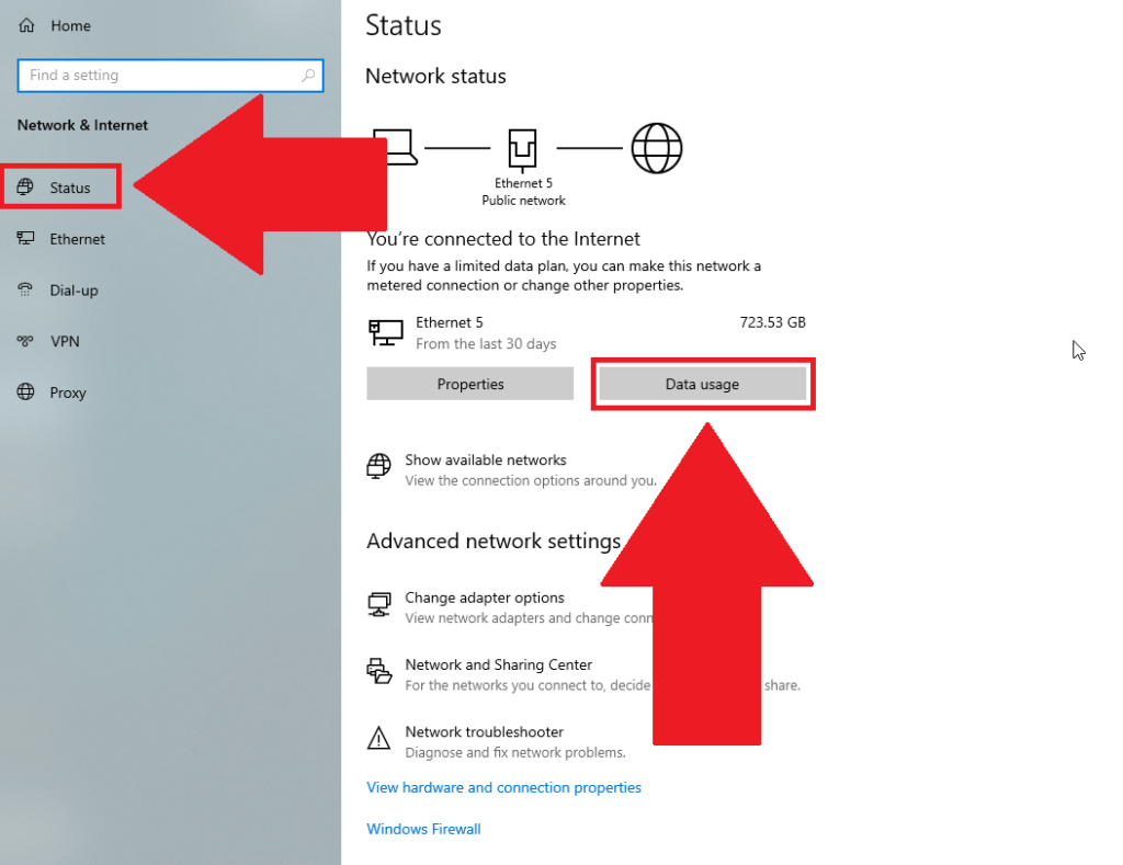 Windows 10 "Network & Internet" settings page where the "Status" menu is selected on the left, and the "Data usage" option is highlighted under the current internet connection
