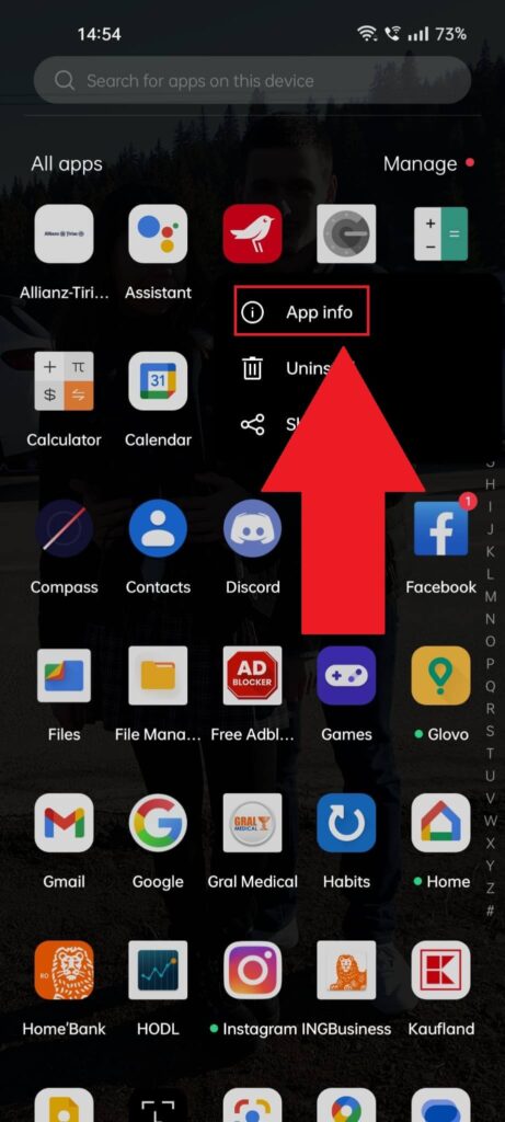 Android app list showing Discord's settings once you hold-tap on it