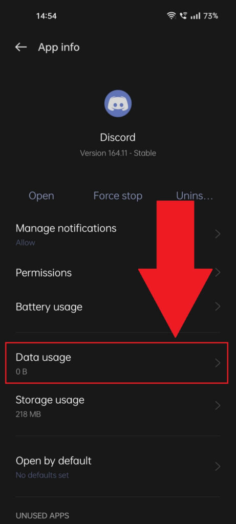 Discord App Info page where the "Data usage" option is highlighted in red
