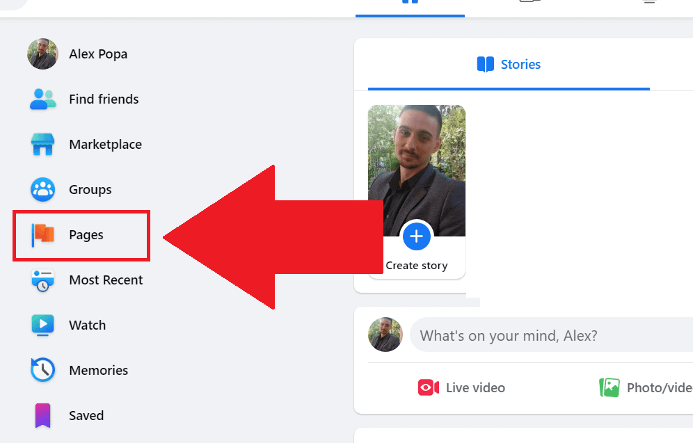Facebook desktop website showing the "Pages" option on the left-hand side menu highlighted in red