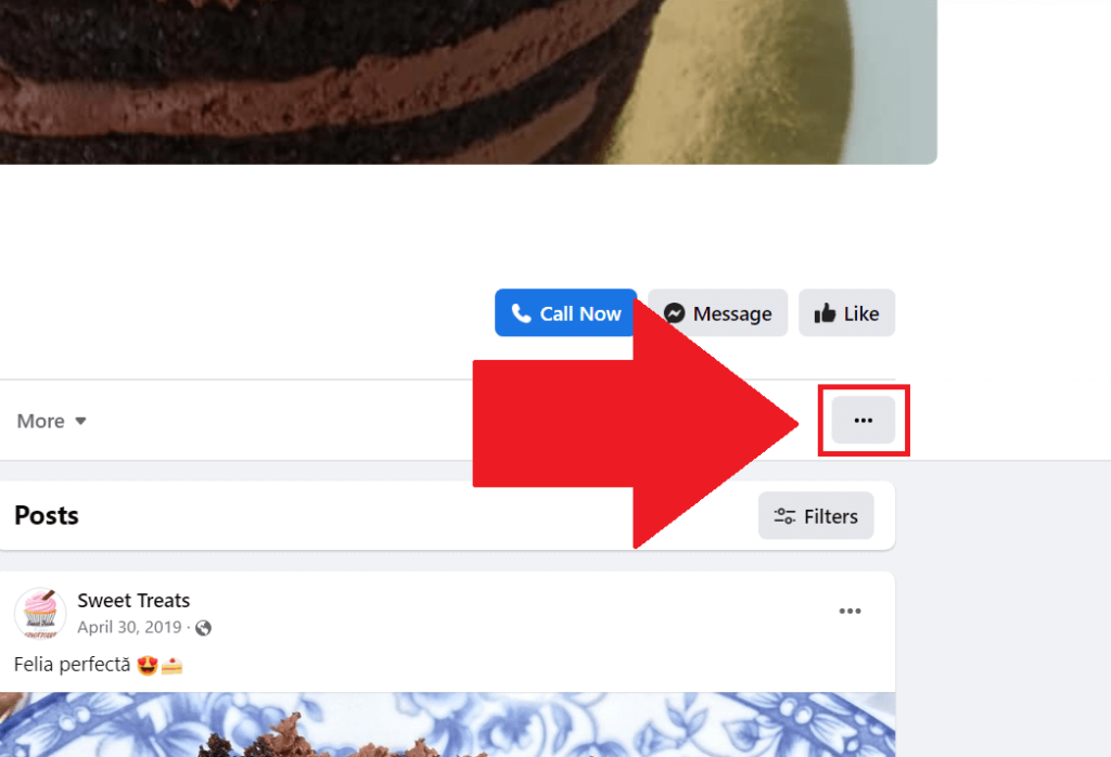 Facebook Page profile showing the three-dot icon under the "Like" button highlighted in red