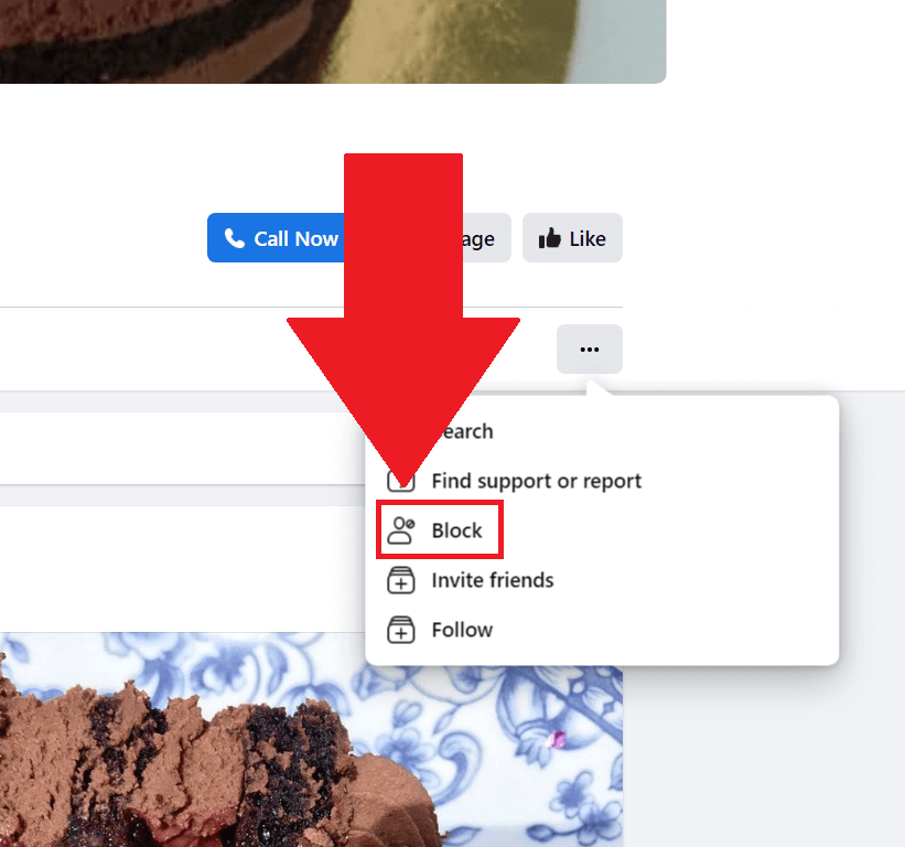 Facebook Page's menu showing the "Block" option highlighted in red and a red arrow pointing to it