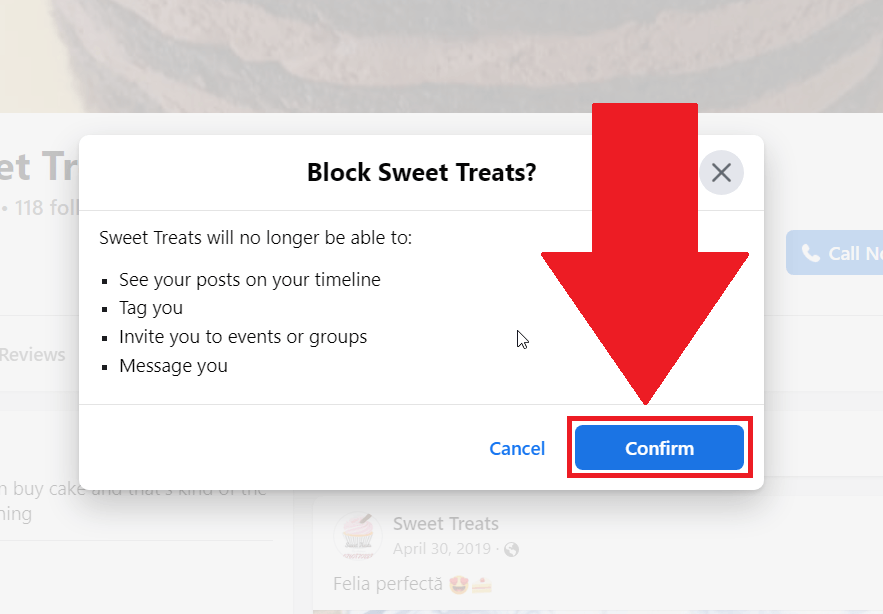 Facebook block confirmation window where the "Confirm" option is highlighted in red and has a red arrow pointing to it