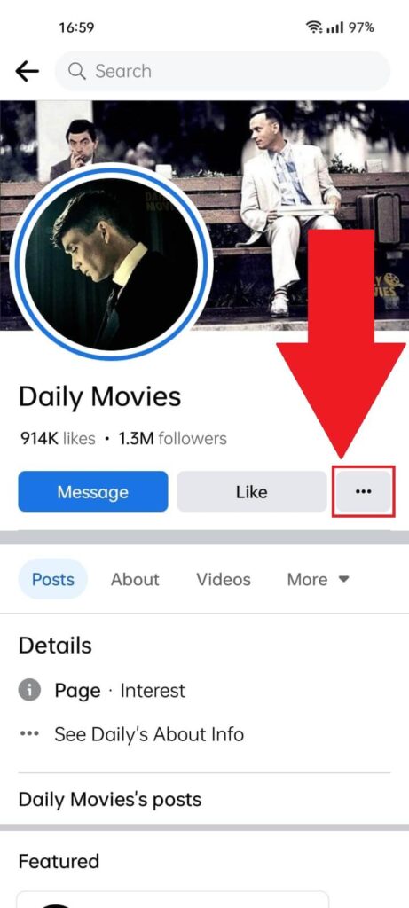 Facebook Page on the mobile app where the three-dot icon on a Page's profile is highlighted in red