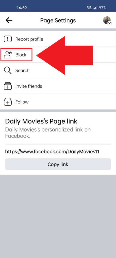 Facebook page settings where the "Block" option is highlighted in red and has a red arrow pointing to it