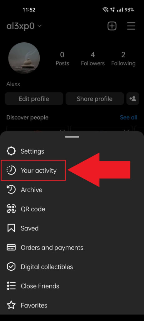 Instagram profile page showing a menu opened at the bottom and the "Your activity" option highlighted on it