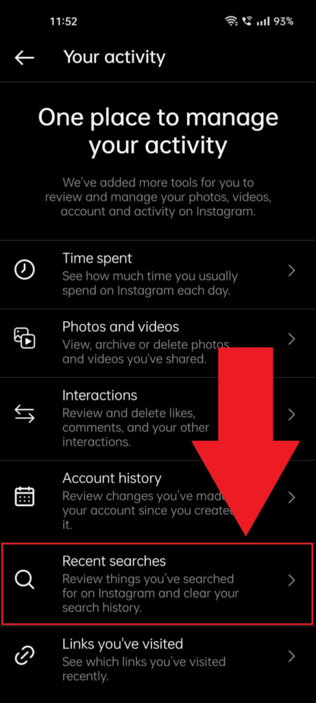 Instagram "Your activity" settings page where the "Recent searches" option is highlighted and has a red arrow pointing to it