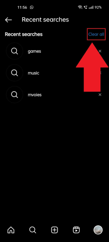 Instagram "Recent searches" page showing the "Clear all" button highlighted and a red arrow pointing to it