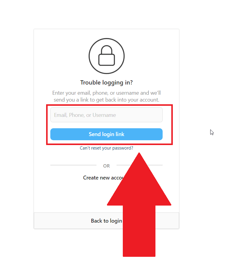 Instagram password reset screen where you need to enter your email address or phone number and then select "Send login link"