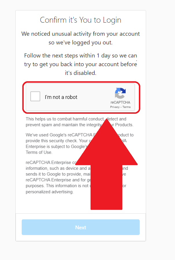 Instagram identity confirmation window where the "I'm not a robot" checkbox is highlighted in red and has a red arrow pointing to it