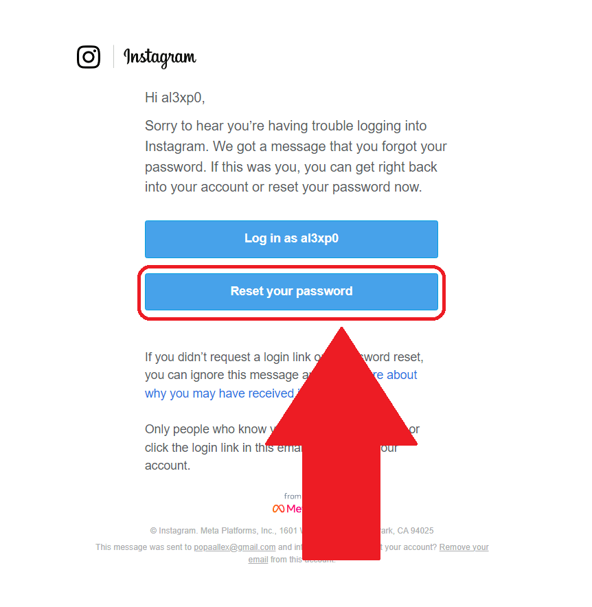 Instagram official email in your email provider that shows the "Reset your password" button highlighted with a red arrow pointing to it