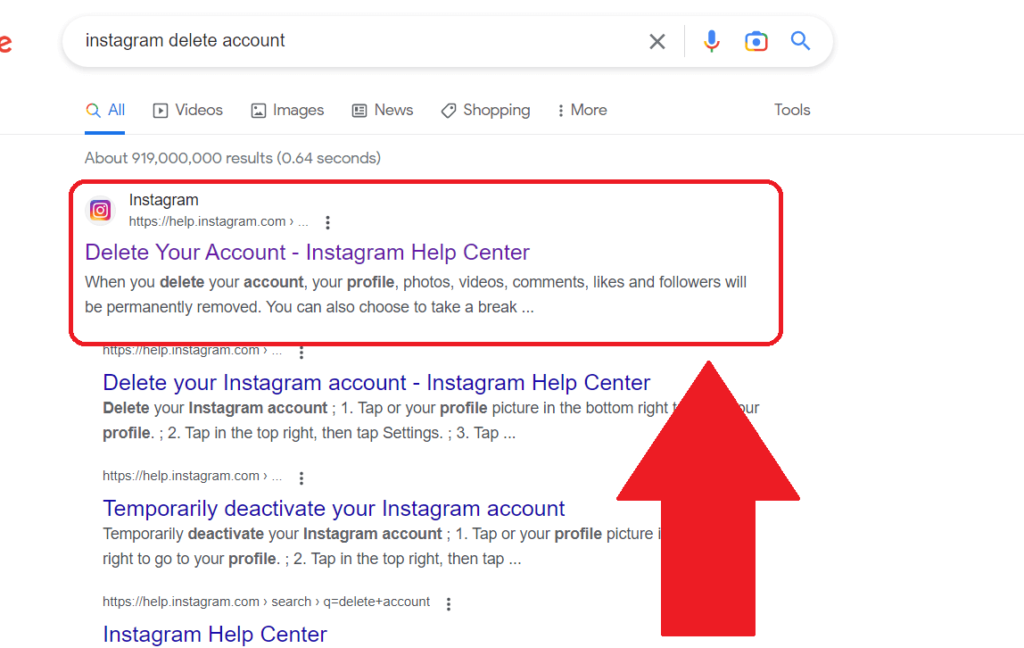 Google search results showing the "Delete your account - Instagram Help Center" website highlighted in red
