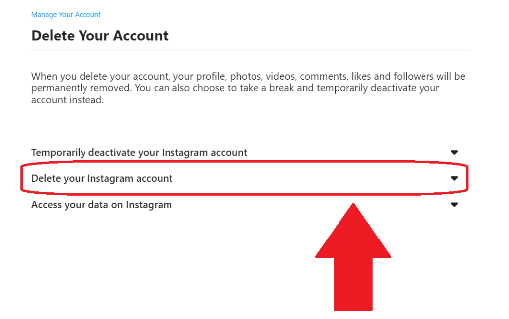 Instagram "Delete your account" webpage where the "Delete your Instagram account" option is highlighted and has a red arrow pointing to it