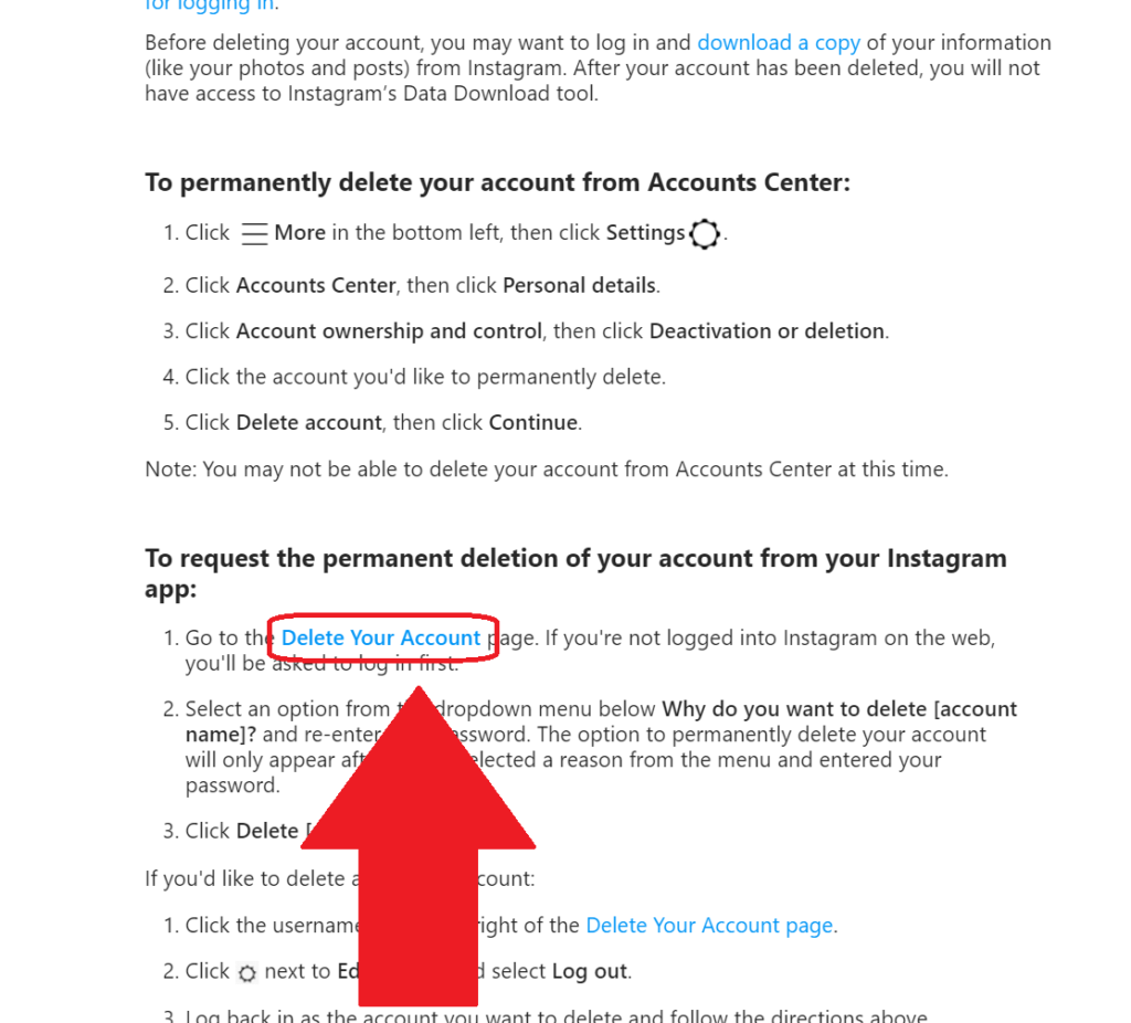 Instagram webpage about account deletion where the "Delete Your Account" link is highlighted in red