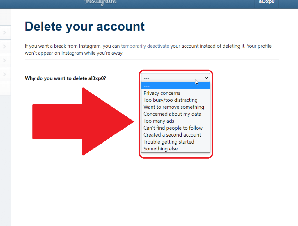 Instagram "Delete your account" webpage where you can see a list of reasons for deleting the account highlighted in red