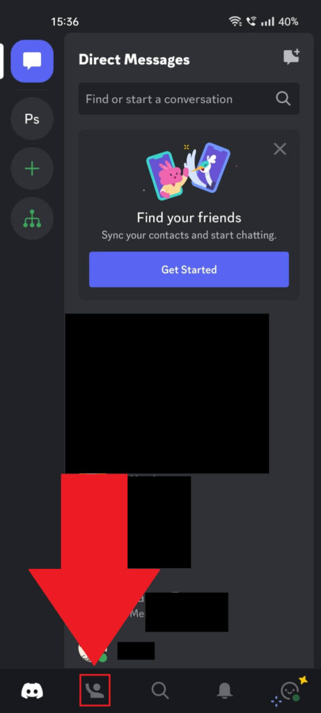 Discord phone app showing the "Add Friends" icon highlighted in the bottom-left corner