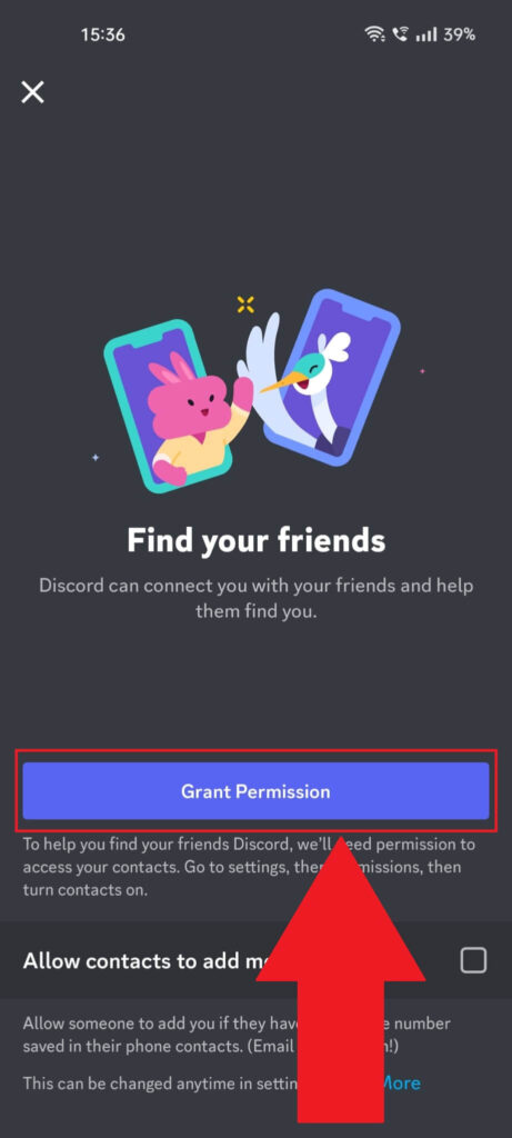 Discord contact sync page where the "Grant Permission" option is highlighted