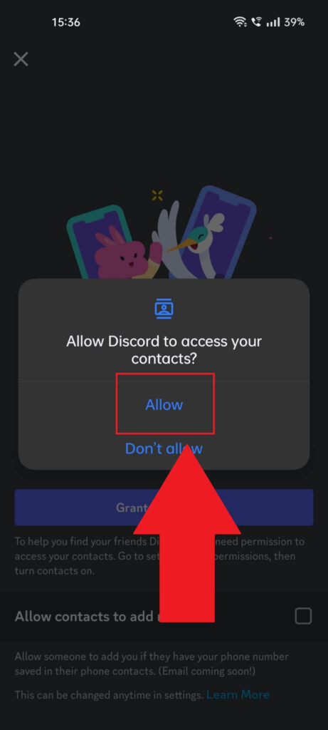 Android phone confirmation window asking if you allow Discord to access your contacts, where the "Allow" button is highlighted