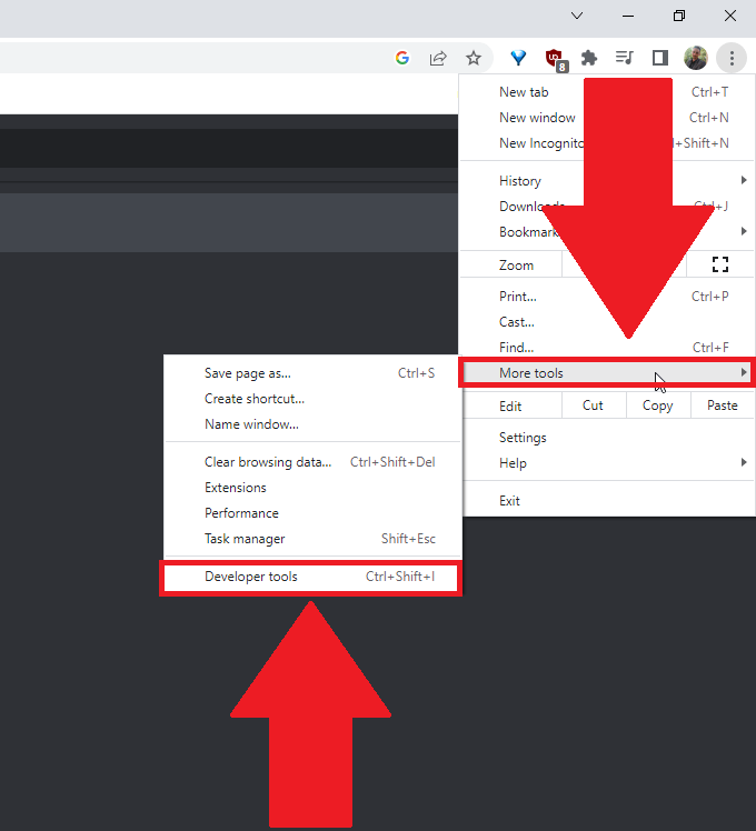 Chrome browser window showing the "More tools" and "Developer tools" options highlighted in red