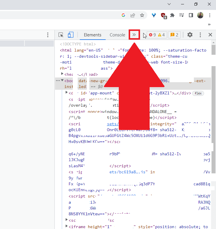 Chrome developer console showing the arrow icon highlighted in the top-right corner