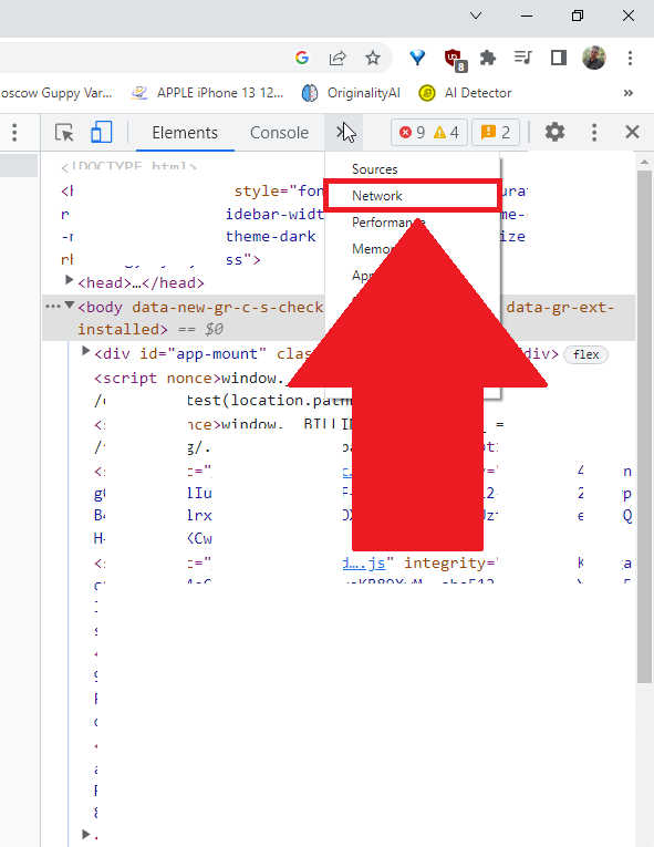 Google Chrome developer console showing the "Network" option highlighted in red