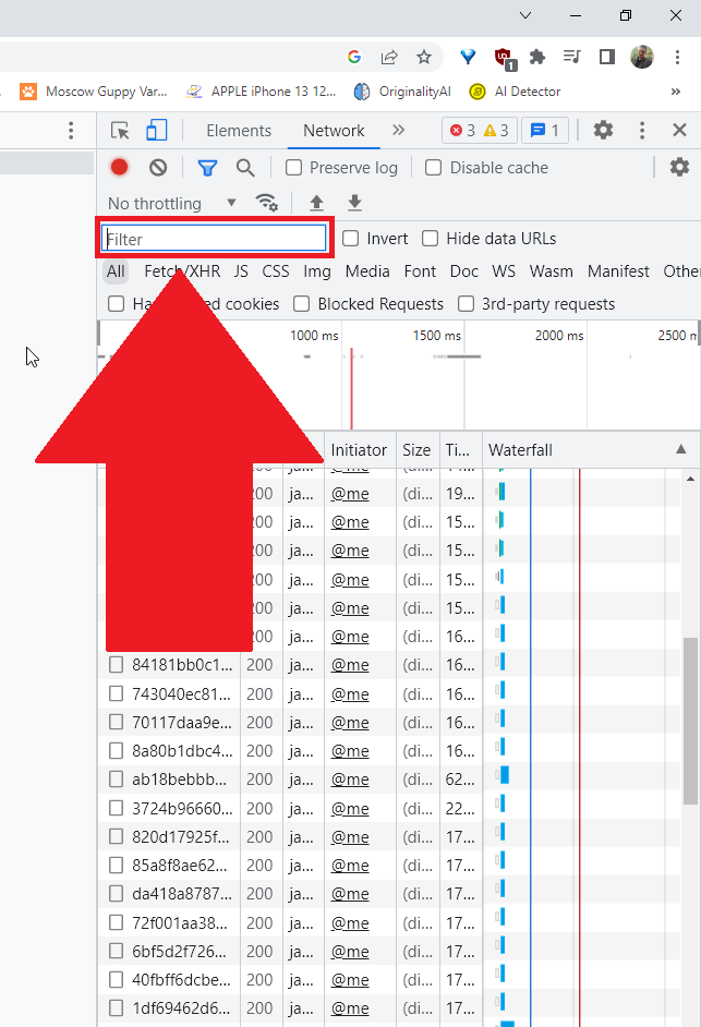 Google Chrome developer console showing the "Filter" box highlighted in the Network category