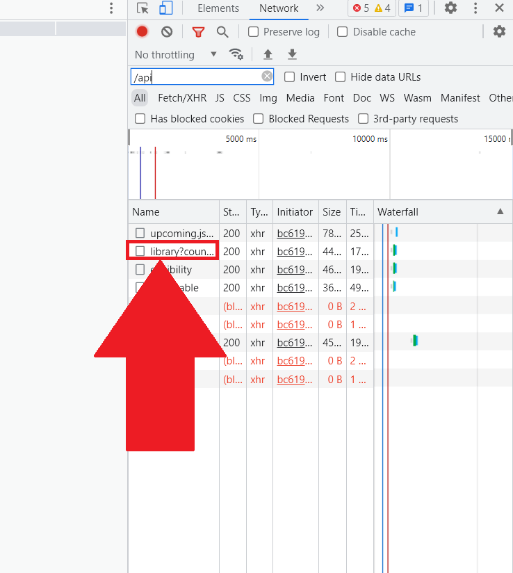 Google Chrome developer console showing the "Library" entry highlighted in red
