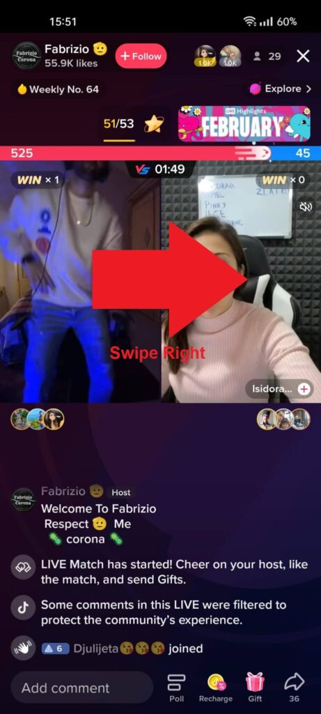 TikTok Live video showing the "Swipe right" message on it