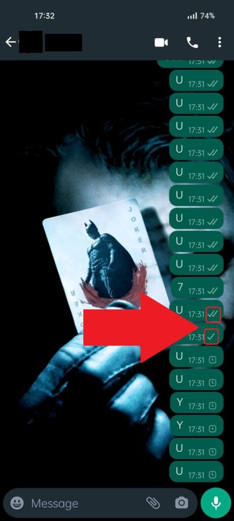 WhatsApp chat showing the message status highlighted in red