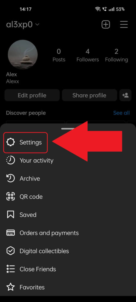 Instagram profile menu at the bottom of the page showing the "Settings" option highlighted and a red arrow pointed to it